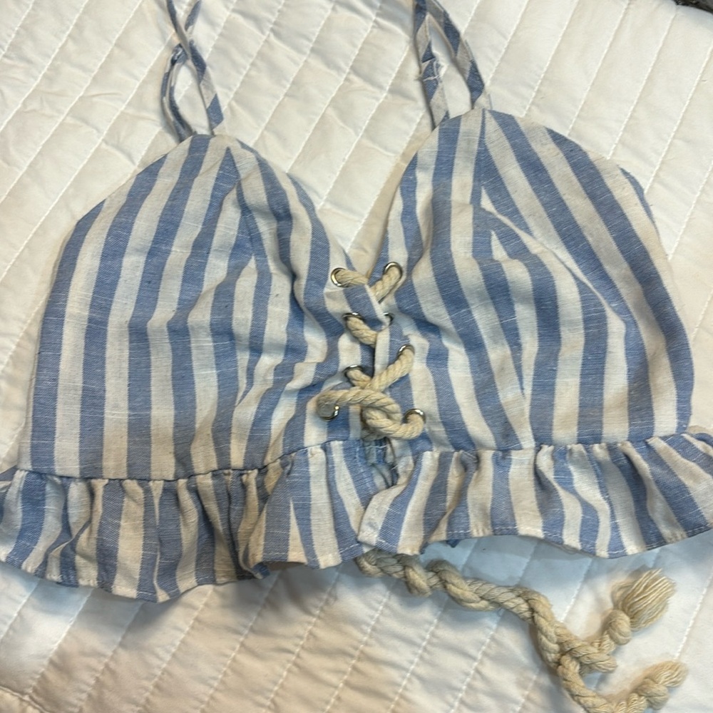 Blue & white striped crop top w/rope tie in the front.
